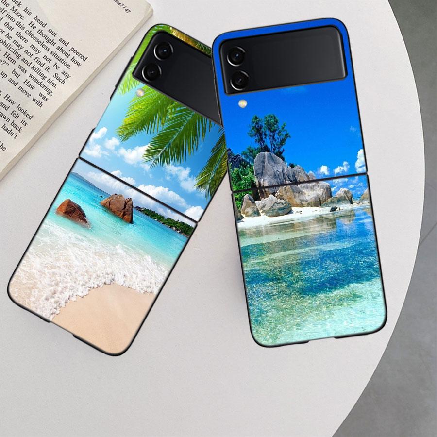 Sea Tropical Palm Trees Beach Case for Samsung Galaxy Z Flip 6 Flip 5 4 3 5G Black Cell Phone Cover Samsung Z Flip 5 5G Luxur
