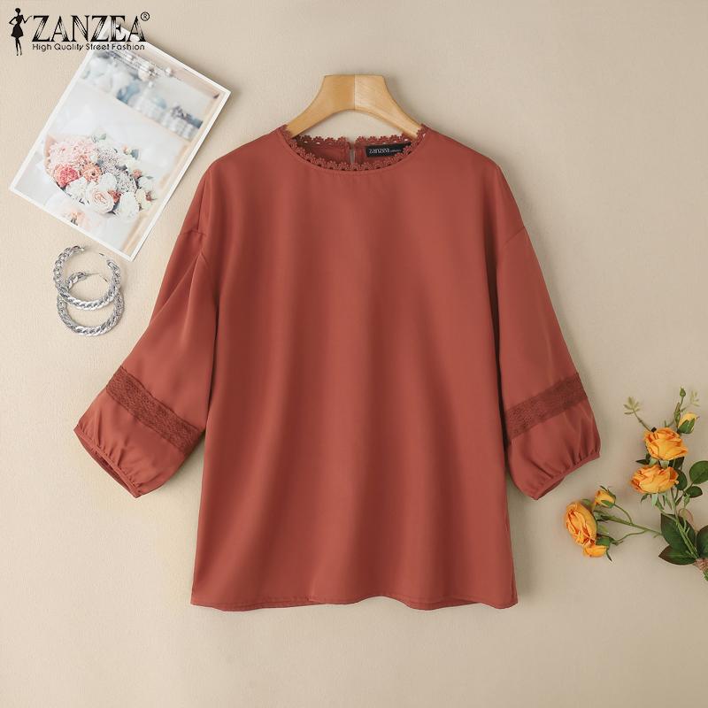 ZANZEA Women Casual Round Neck Loose Retro 3/4 Sleeve Blouse