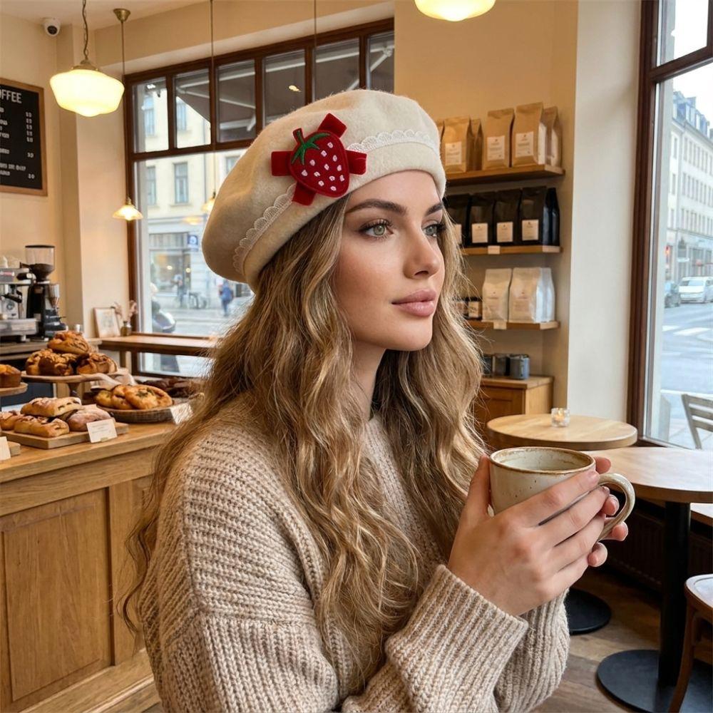 Solid Color Beret Hat Lace Edge Bow Beret Cute Wool Beret Daily Wear
