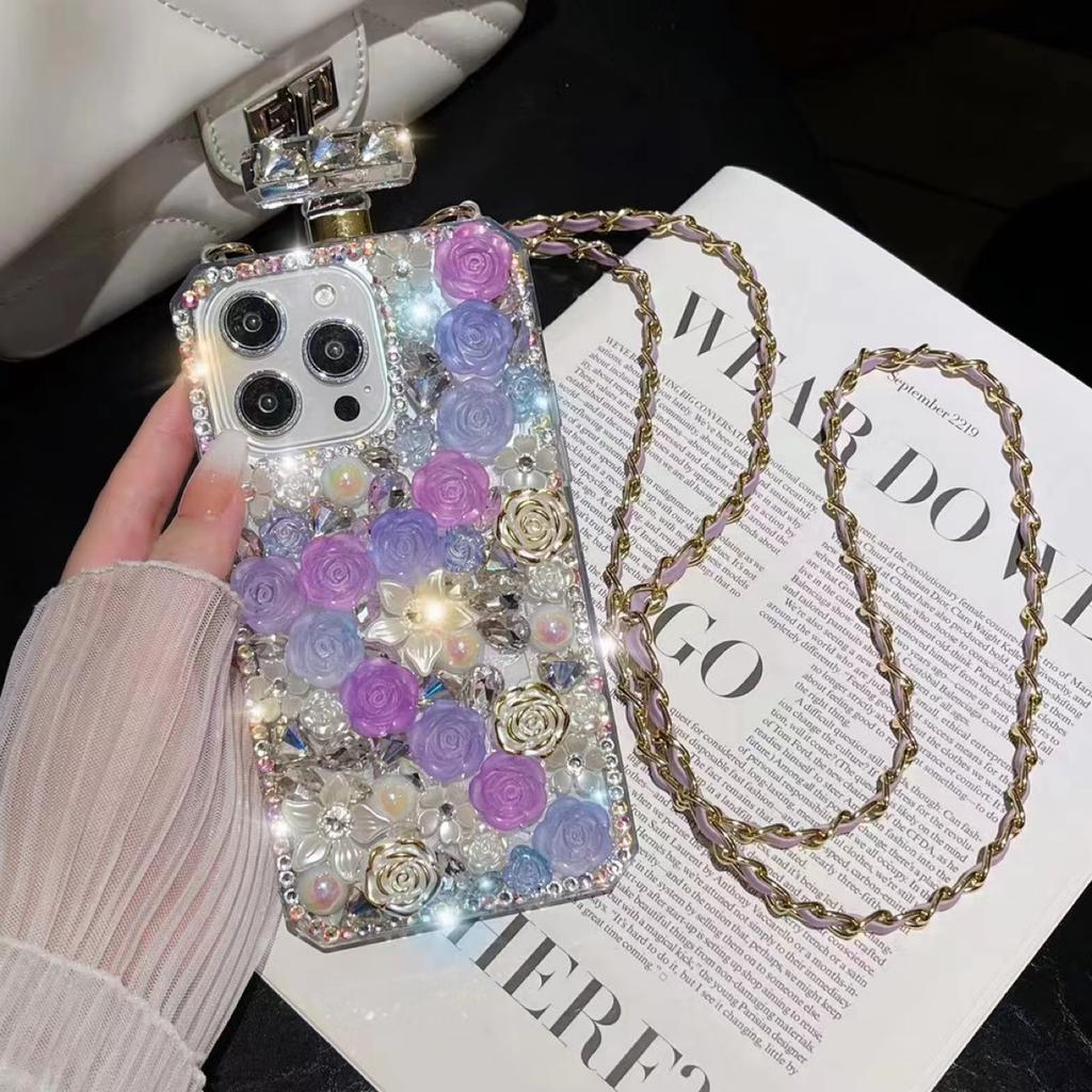 Kolorowa kryształowa róża kwiaty pokrywa dla Samsung S23 S22 S21 S20 Ultra Crossbody Rhinestone kształt butelki perfum etui na iphone 15 14 3 12 11 Pro Max