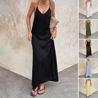 Damen Sexy Rückenfreies Kleid Neckholder V-Ausschnitt Ärmellos Maxikleid Sommer Strandurlaub Locker Lang Sommerkleid