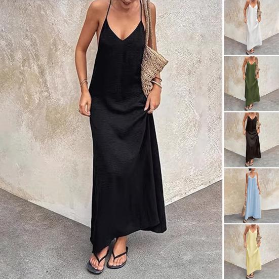 Abito Sexy da Donna Senza Schiena Scollo a V con Laccetto Senza Maniche Maxi Abito Estivo da Spiaggia Abito Lungo Ampio