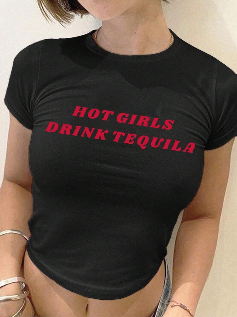 European Style Tequila Print Crop Top - Summer Round Neck, Tight Fit Spicy Girl Tee