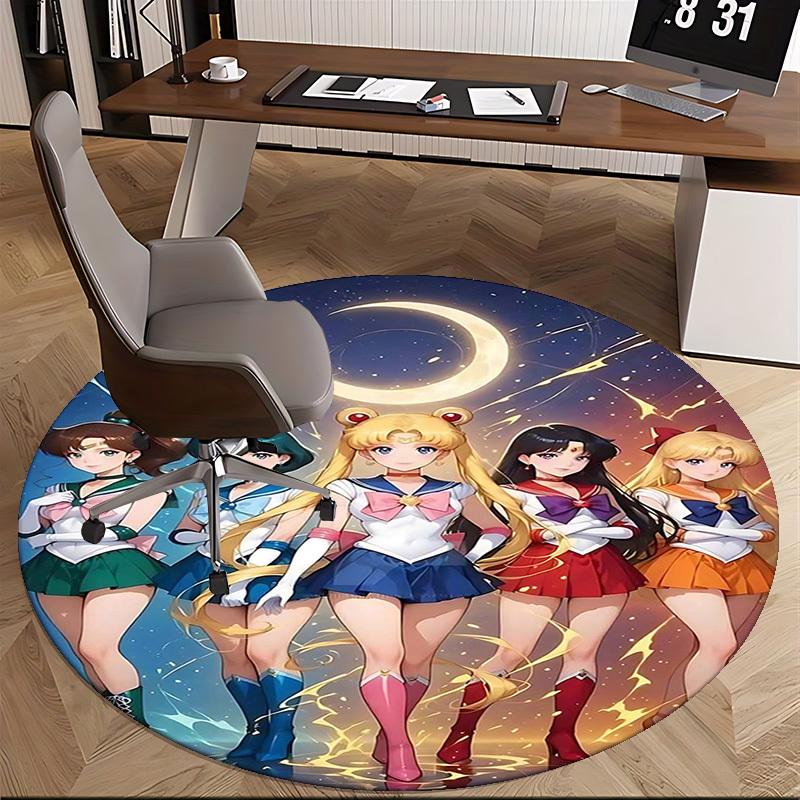 1pc Sailor Moon Anime Cartoon Design Round Carpet  Office Chair Mat, NonSlip Rug for Home Decor, Living Room