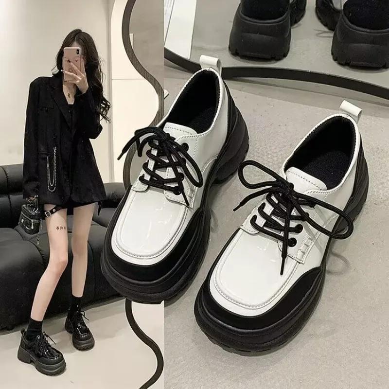 Women's Shoes Platform Oxfords British Style Female Footwear Round Toe Casual Sneaker Loafers With Fur Mixed Colors Clogs Leathe