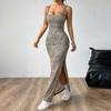 Women Evening Party Strap Knot Leopard Print Package Hip High Split One Piece Dress