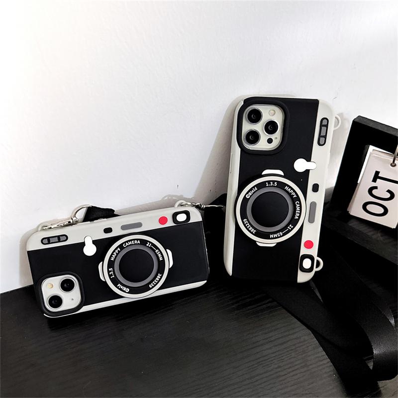 Funda de teléfono con cuerda y cordón cruzado para cámara 3d de lujo Ins, Funda suave de silicona a prueba de golpes para Iphone 14, 13, 12, 11 Pro Max