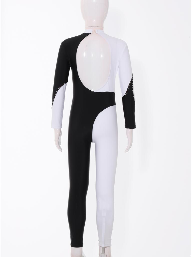 Kids Girls Gymnastics Dance Jumpsuit: Long Sleeve Round Collar Contrast Color Shiny Rhinestones Backless Performance Wear
