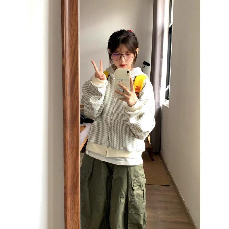 2025 American Style Grey & White Striped Hoodie Cardigan - Loose Fit, Lazy Design