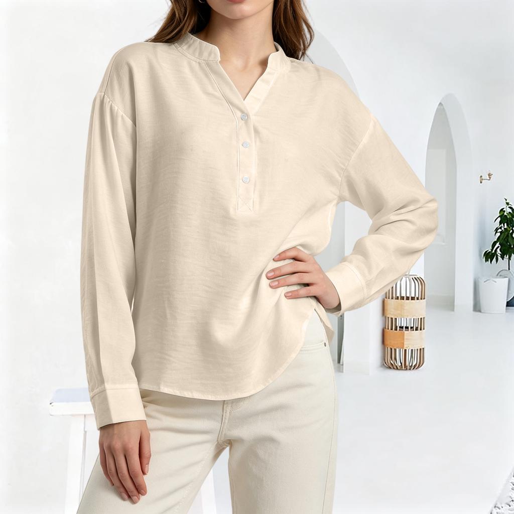 Women's Fashion Casual Loose Pleated Button-Up Long Sleeve  Color Pullover Shirt Top