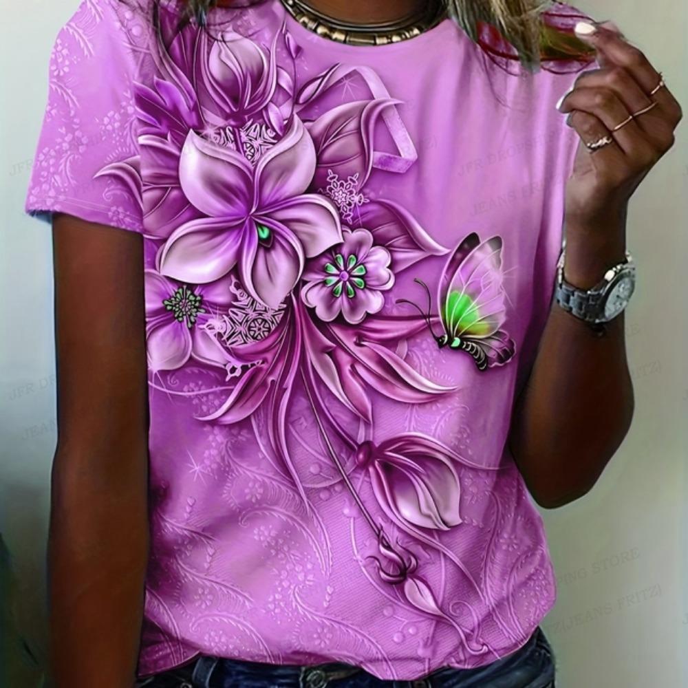 Blumen 3D-Druck T-Shirt Damen Mode T-Shirts O-Ausschnitt Kurzarm Oberteile Tees Pflanzen&Blumen T-Shirt Übergroße Kleidung Elegant 5XL