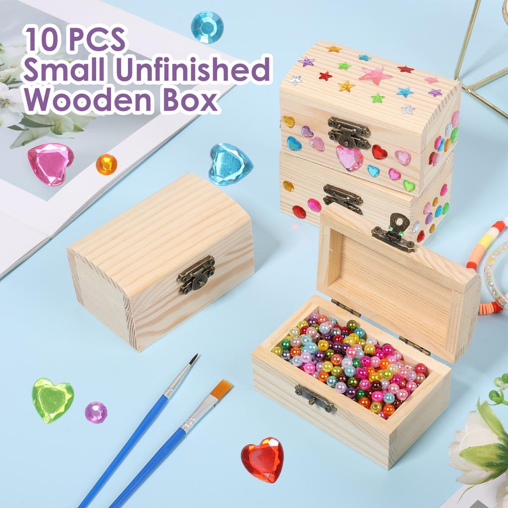 10Pcs Wooden Jewelry Box DIY Unfinished Keepsake Box with Lid DIY Mini Jewelry Shell Storage Boxes for Girls Boys Birthday Gifts