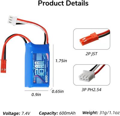 7.4V 600mAh 15C 2S LiPo Battery with 2-Pin JST Connector – Compatible with RC A560, SU27, D460, RC4GS V3, RC6GS V3