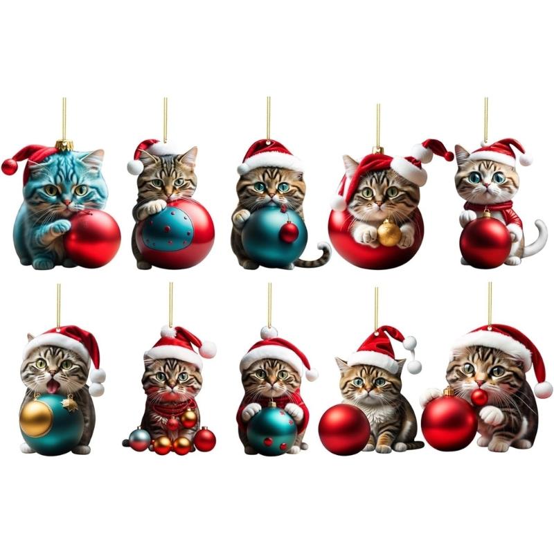 Double Sided Printed Acrylic Cat Christmas Ornaments Set of 10, Festive Decorations for Christmas Trees 1