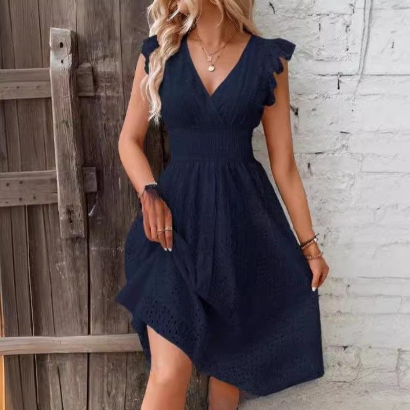 VEZFAA Kadın Moda Yaz Bahar Düz Renk Baskı Kolsuz V Yaka Yüksek Bel Günlük Elbiseler