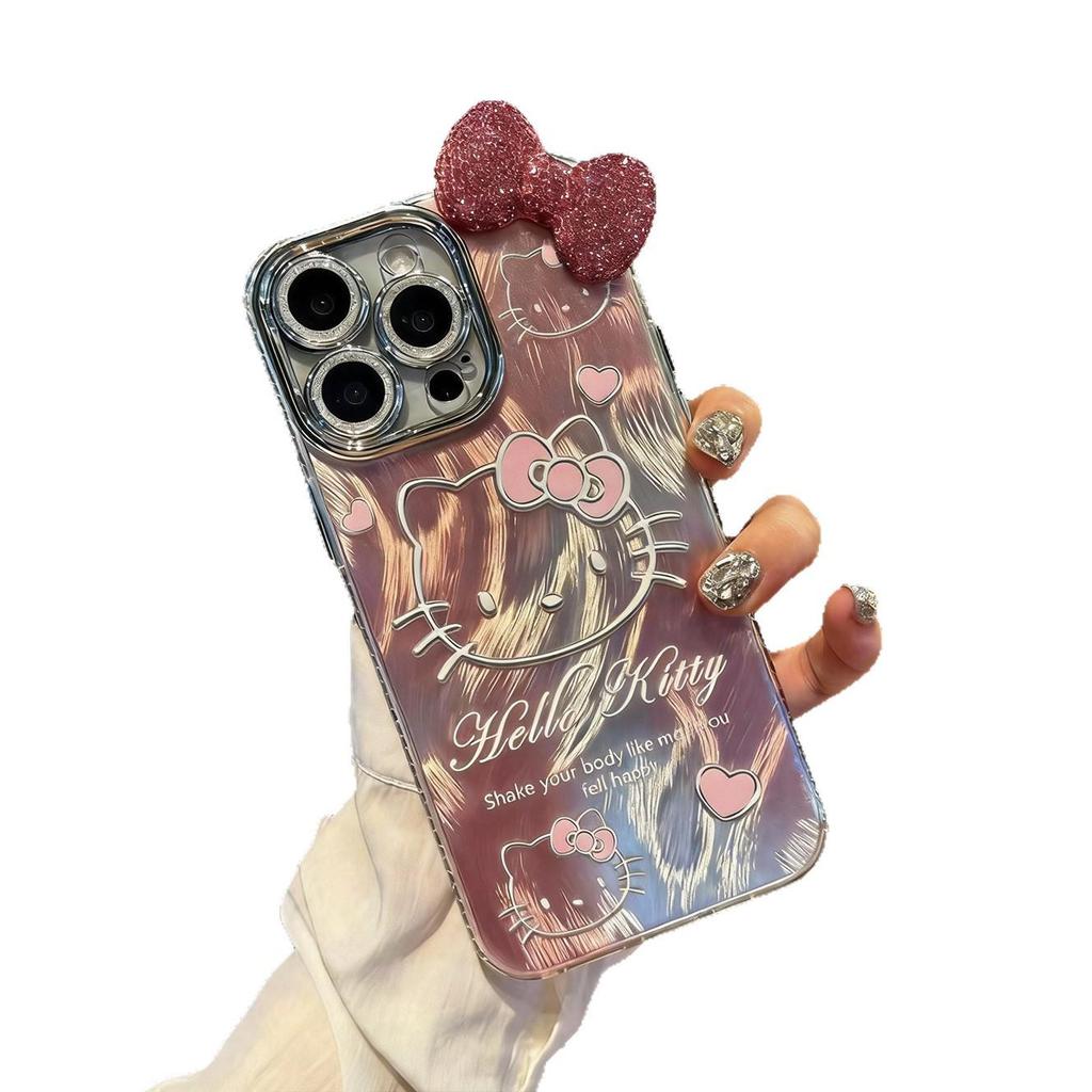 Gradient Cartoon Hello Kitty Case with 3D Bow Ears for Apple 17 Pro Max/15 Pro/13/XS/16E