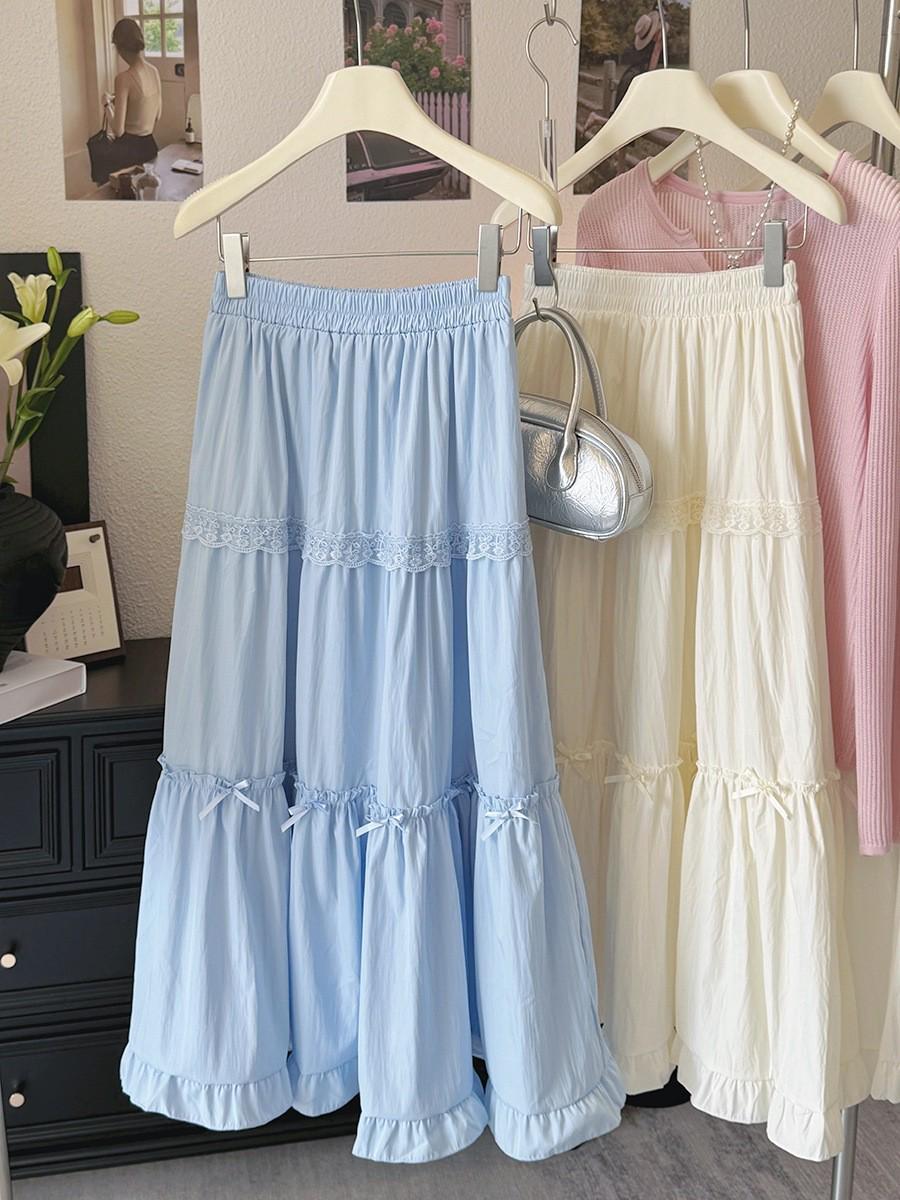 

Женская белая расклешенная юбка средней длины с оборками, вставками и бантом, с высокой талией, для весны/лета 2026 One Size синий