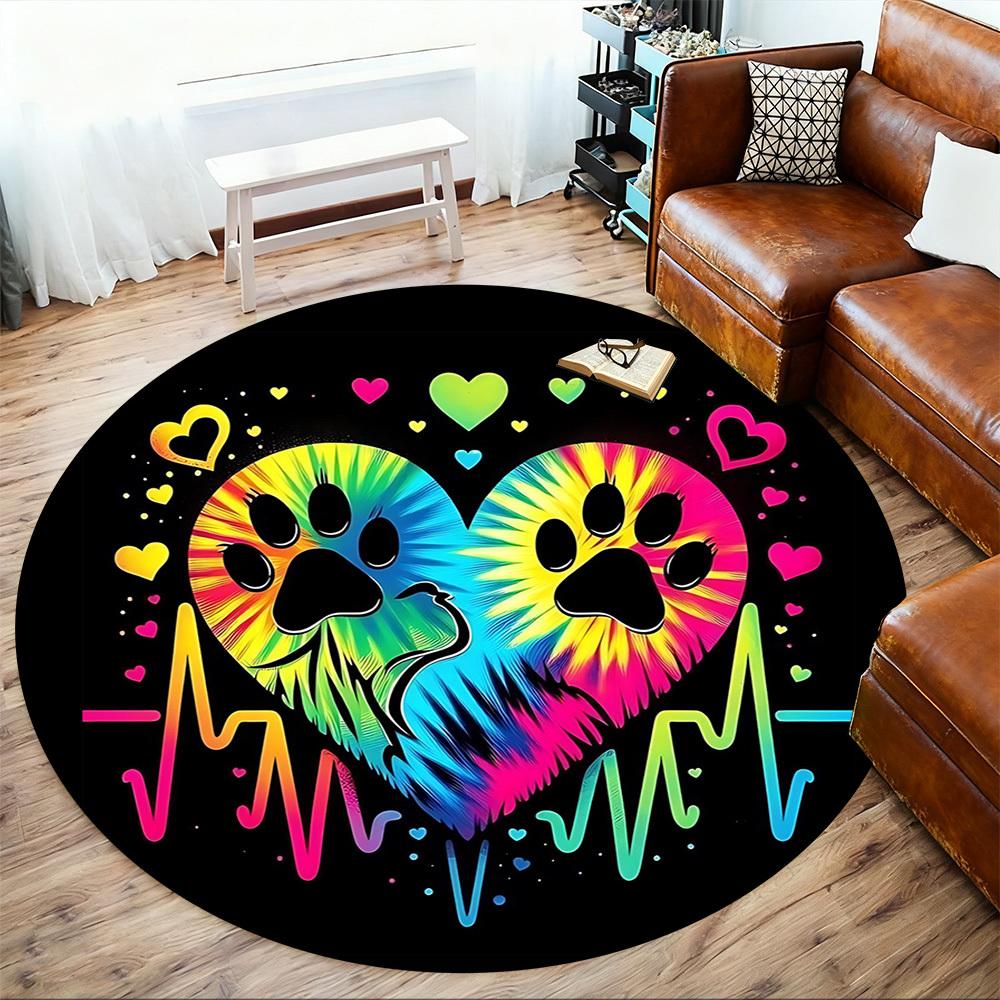 1pc Paw Print Heart Round Chair Mat Office Area Rug - Non-Slip, Floor Mat for Office, Bedroom, and Indoor Decor P127135