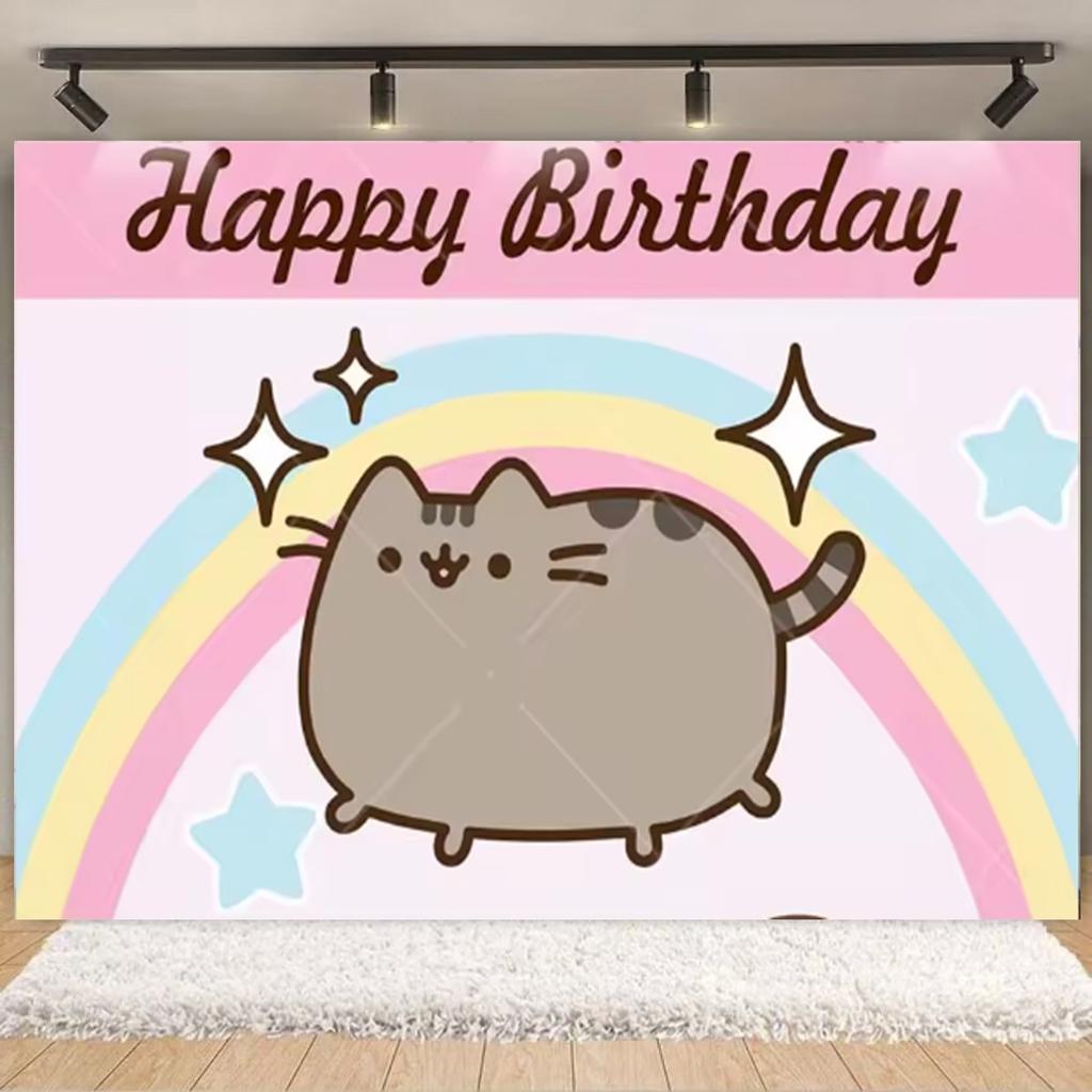 Cartoon Cute Fat Gray Cat Cake Happy Birthday Banner Custom Kid Birthday Party Decor Supplies Baby Shower Photography Background