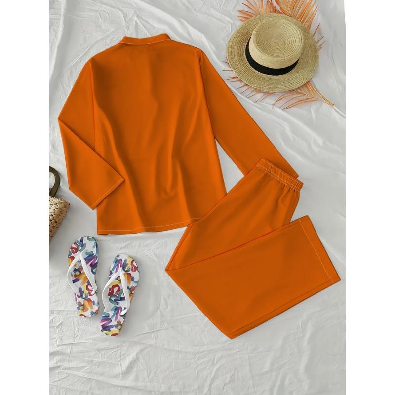 Warm orange solid color shirt wide-leg pants two-piece women's simple style long-sleeved trousers suit
