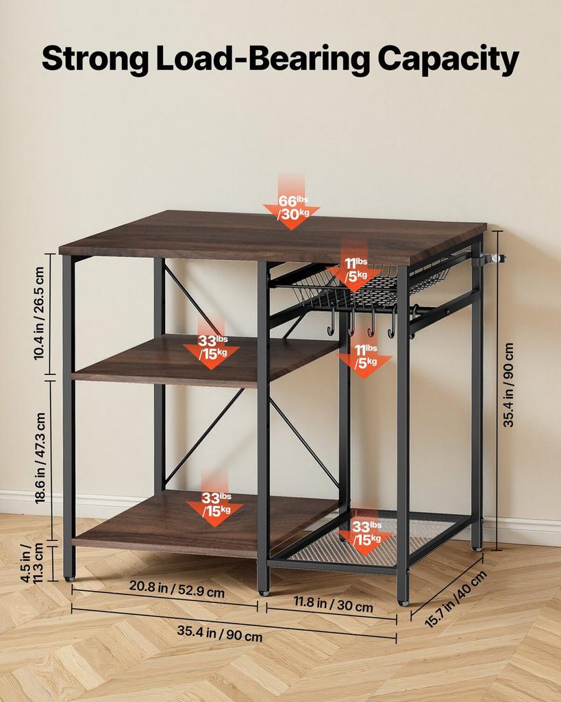 Estantería de Cocina para Panaderos, Estantería para Panaderos de 900 mm de Ancho, Soporte de Cocina con Barra de Soporte en Forma de X, 5 Ganchos en Forma de S, Estante de Almacenamiento Multicapa, Soporte para Barra de Café
