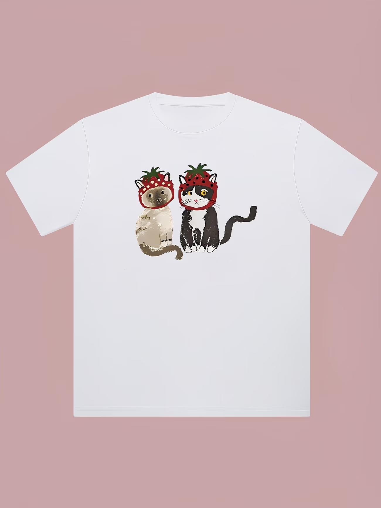 

Aesthetic Cat Graphic Tee Trendy Dragon Hat Kitty TShirt Simple Artistic Print Top Casual Daily Wear Short Sleeve Fashion Tee S