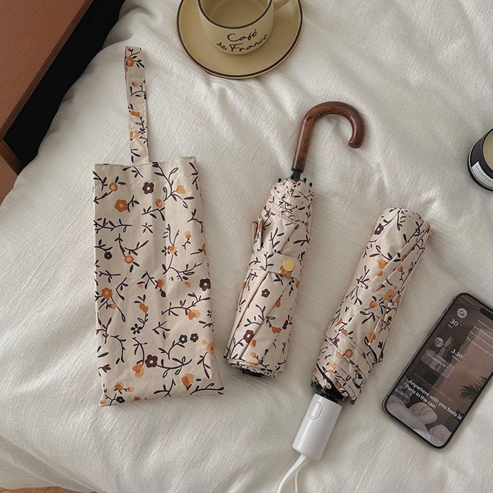 Fully Automatic/Manual Folding Rain Umbrella Curved Handle Floral Pattern Sunshade Umbrella with Storage Bag Comfortable Grip