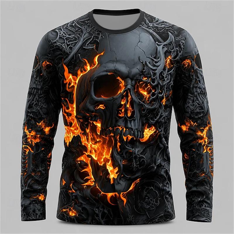 New Men's Round-Neck Halloween Long-Sleeve T-Shirt with Spooky Skull Print for Holiday Parties - Men's Top