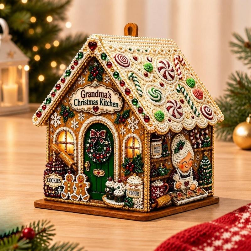 Wooden Christmas Houses Craft Set with Rhinestones Painting Piece, Pearls-Style Accents, and Tools for Hands-On Decorating