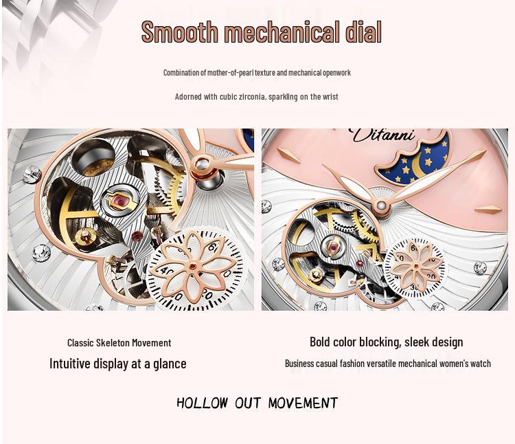 Genuine Automatic Mechanical Waterproof Watch for Women - Trendy Multi-Functional with Day, Date, Month, Year, and Starry Design.