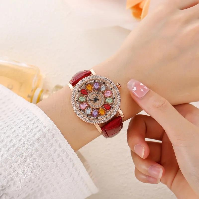 1pc Dazzling and Fashionable Women Quartz Watches with Colorful Rhinestone Inlay, Featuring An Alluring Rotatable Dial, Durable