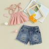 Kids Girls Shorts Set, Tie-up Pleated Camisole with Ripped Denim Shorts Summer 2-piece Outfit