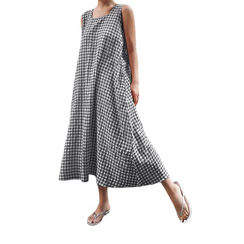 

ZANZEA Women Square Collar Summer Loose Casual Sleeveless Plaid Print Dress S