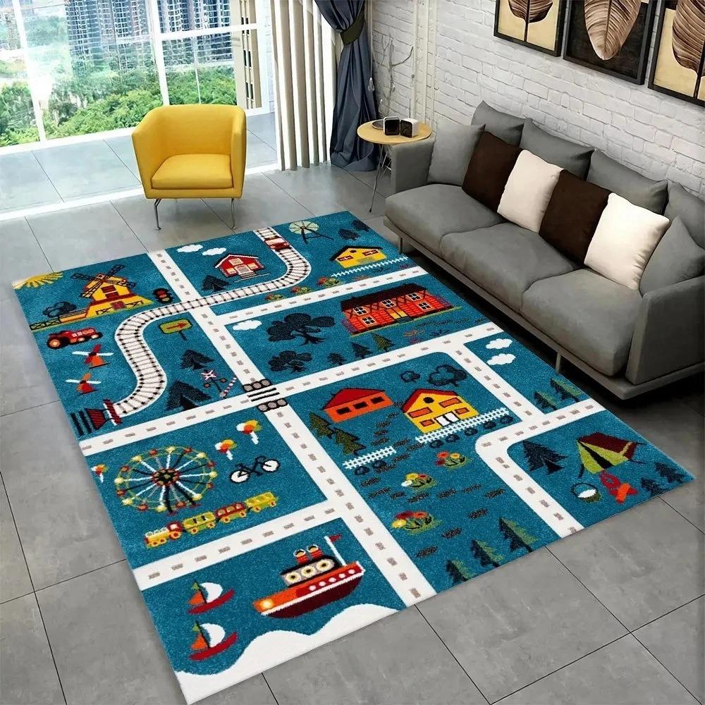 

Kids City Traffic Play Rug Cartoon Train Road House Boat Print Fun Town Themed Kids Room Decor Carpet Non-Slip Educational Mat 40X60CM