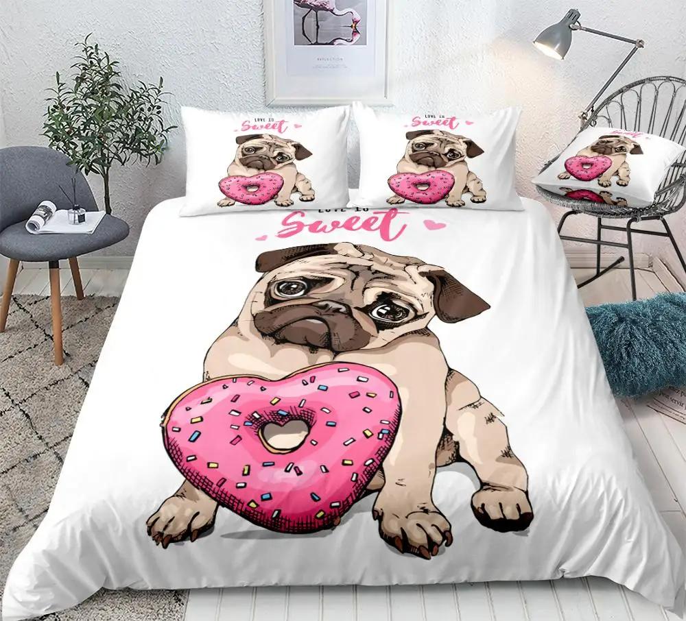 Conjunto de Cama Pug Desenho Animado Animal de Estimação Conjunto de Capa de Edredom Branco Capa de Edredom Para Meninos Cachorro Fofo Donuts Conjunto de Cama Cachorrinho Cowboy Têxteis para Casa