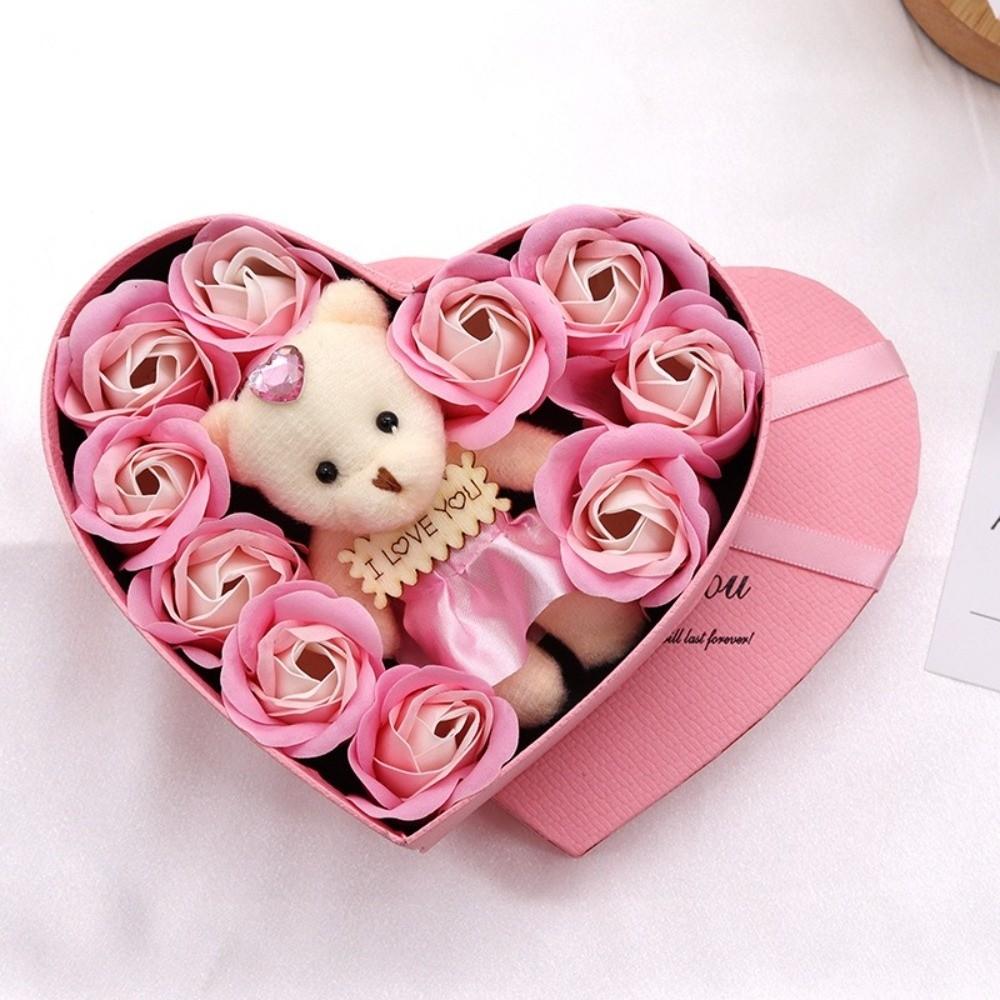 Romantisches Blumenstrauß-Geschenkbox mit süßem Bär Elegante 10 künstliche Blumen Vielseitiges Valentinstagsgeschenk