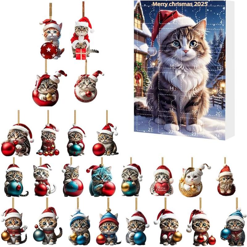 Katzen-Adventskalender – 24 Tage Weihnachts-Countdown mit niedlichen Kätzchen-Ornamenten, Acryl-Katzenbaum-Anhängern, Feiertagsdekorationsgeschenk