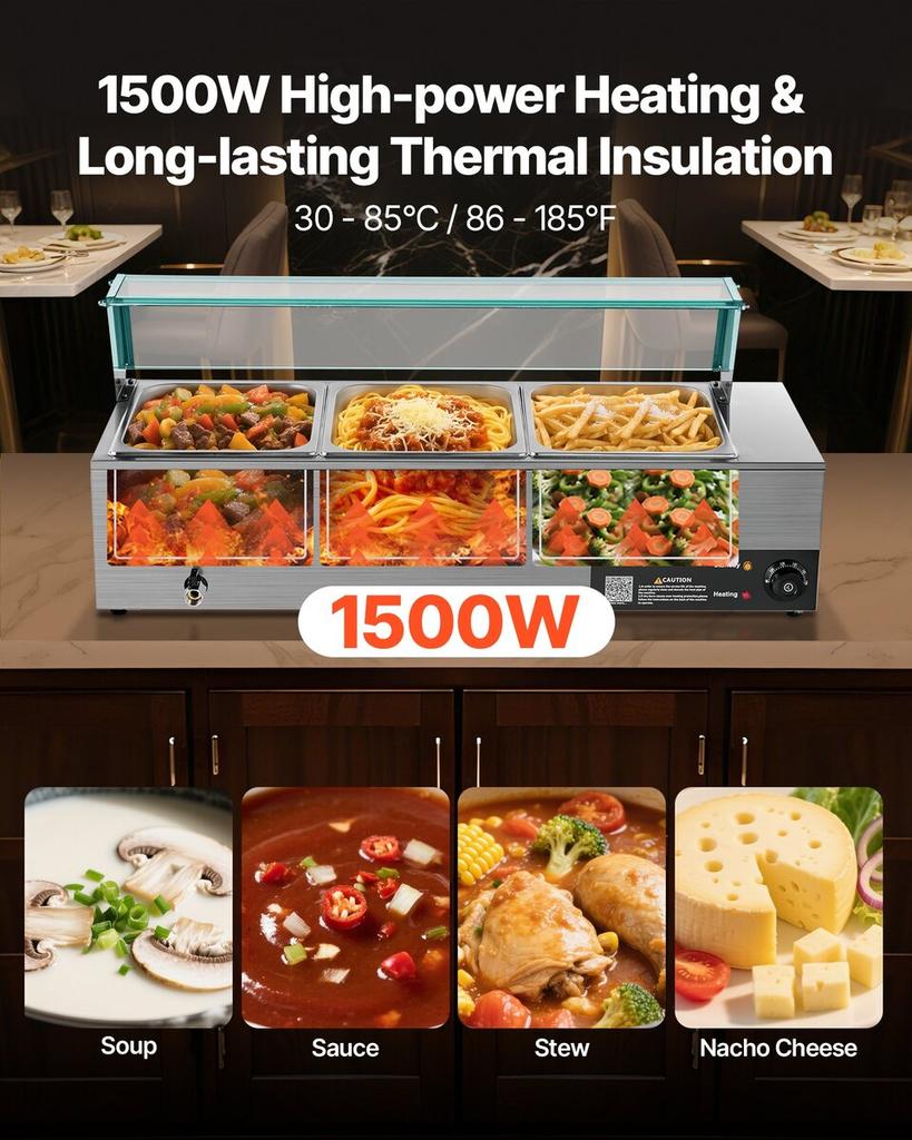 Commercial Food Warmer 3-Pan 1500W Buffet Bain Marie with Glass Cover