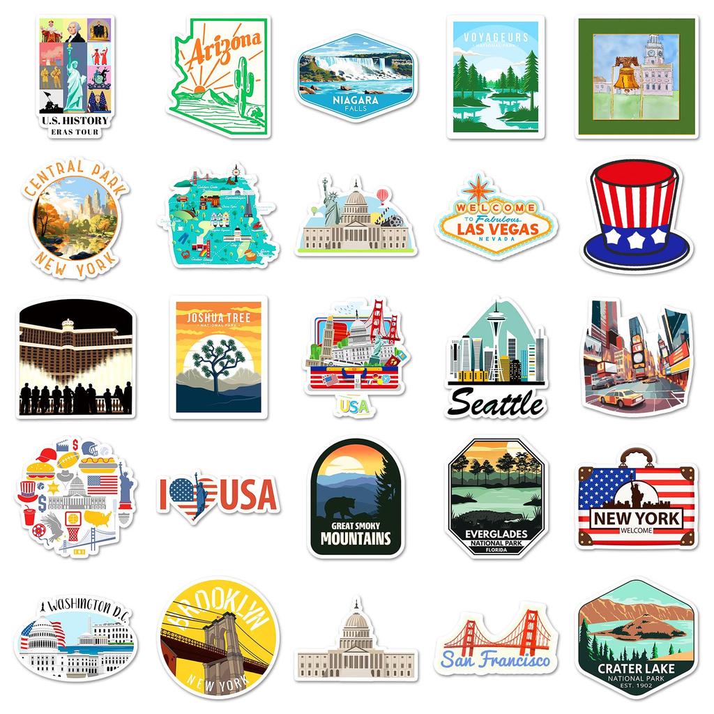 50 American Travel Stickers: Waterproof Scenery for Journals, Phone Cases, and More