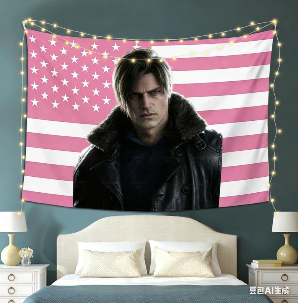 LLeon KKennedy Pink USA Flag Tapestry  Game Character Wall Hanging for Bedroom  Dorm Decor
