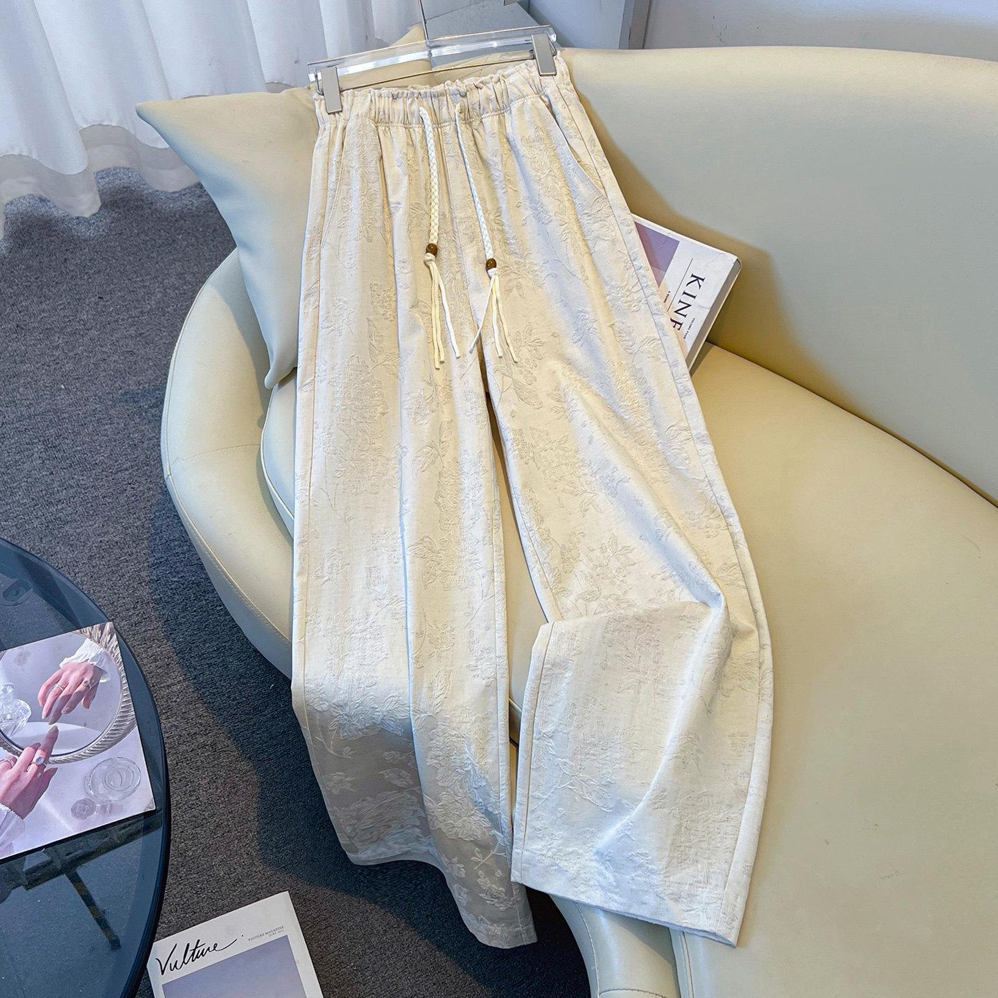 

Satin Chinese Style Wide-Leg Women s Pants - 2026 Spring/Autumn Loose Drape Jacquard Design 3XL (recommended 133-142 jin) бежевый