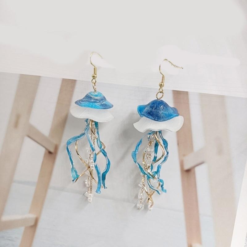 Handmade Elegant Blue Jellyfish Earrings Craft from Acrylic Materials for Casual Outings and Beach Vacations Daily Use