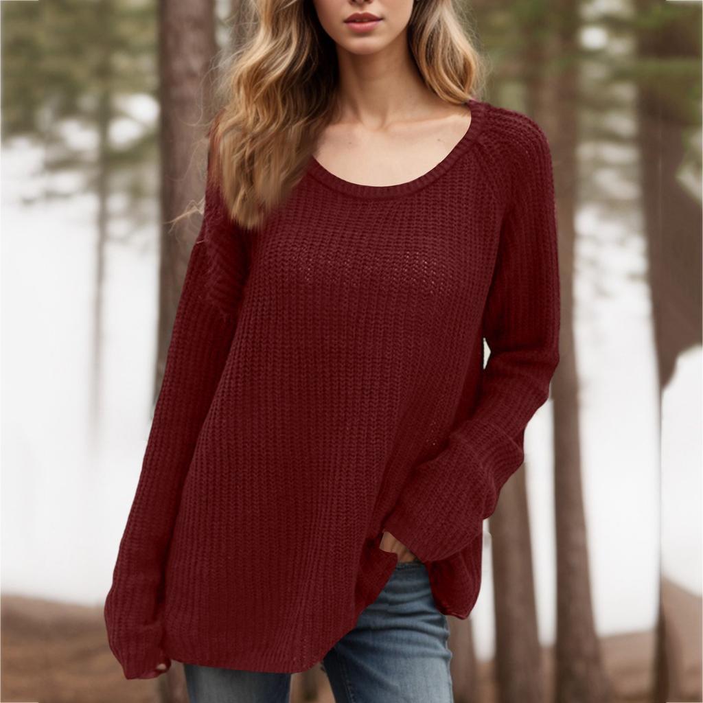 Women's Fashion Loose Lazy Style Round Neck Solid Color Long Sleeve Knitted Sweater