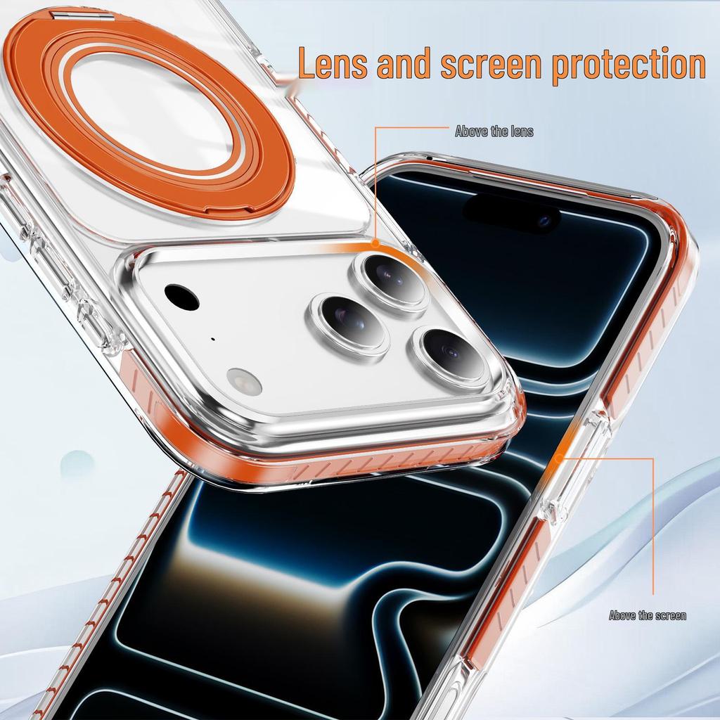iPhone 17 Pro Max Magnetic Transparent Case with Two-Color Rotating Stand for Apple 16/15 Pro