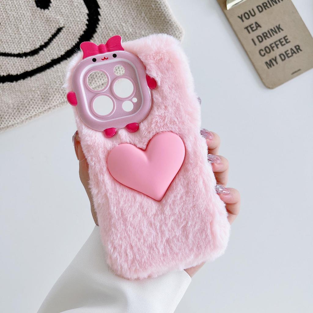 Color Block Plush Heart Phone Case for iPhone 13/14/15 Pro Max - Cute Autumn/Winter Design