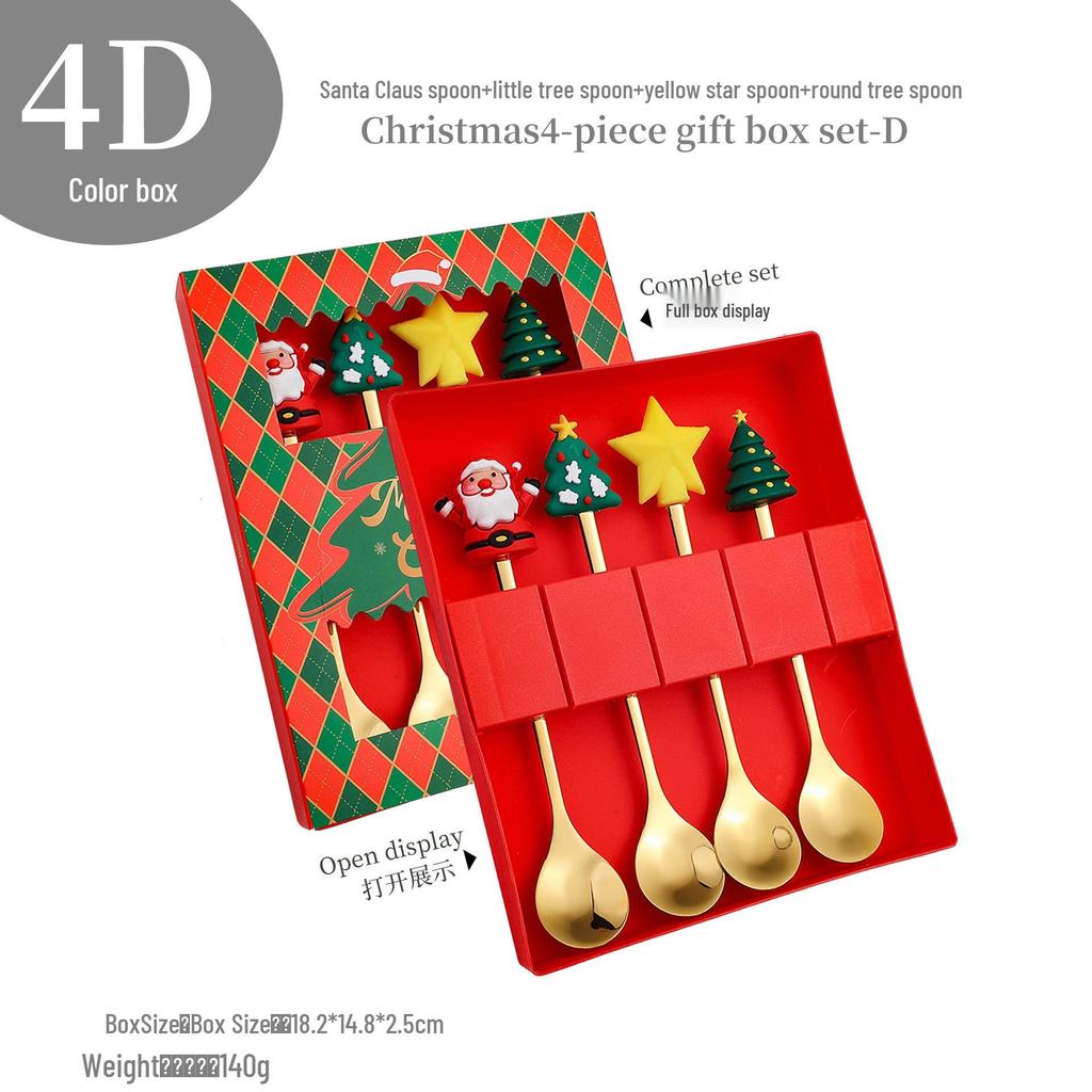 Cross-Border Christmas Stainless Steel Fork & Spoon Gift Set - Reindeer & Snowman Cartoon Pattern Dessert Gold Cutlery