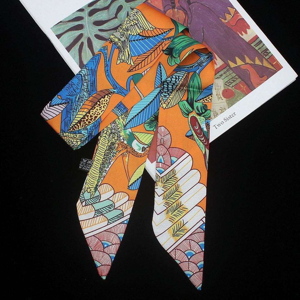 Women Flower And Bird Printing Skinny Bag Scarf Brand Silk Foulard Women Neck Tie Head Scarves For Ladies 5*88cm