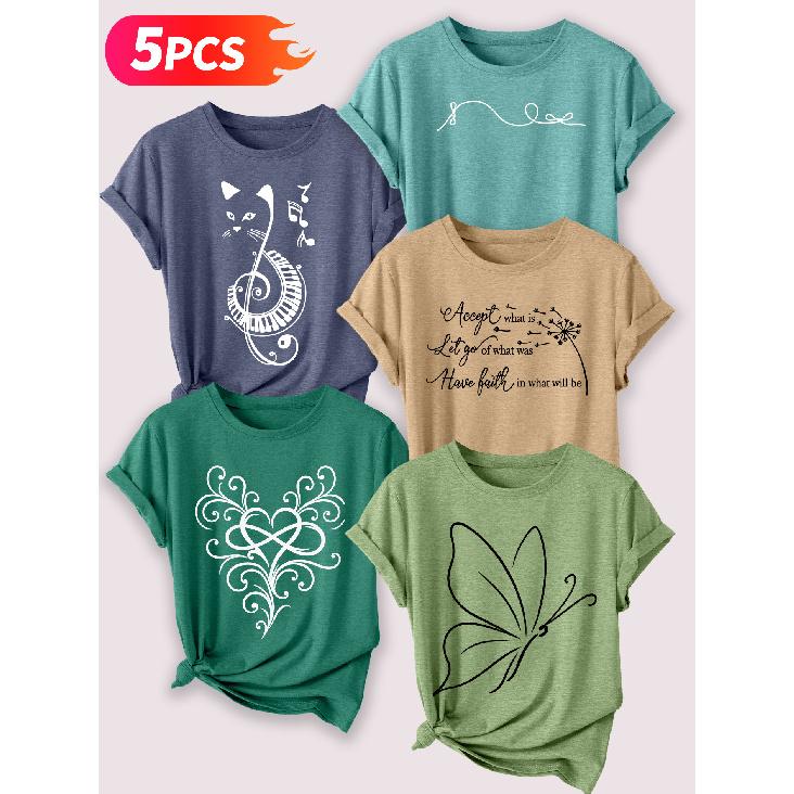 Follow a specific direction Five-piece set of women's short-sleeve tops Music-Inspired Retro Print Elegant Summer Party Outfits Elegant short sleeves