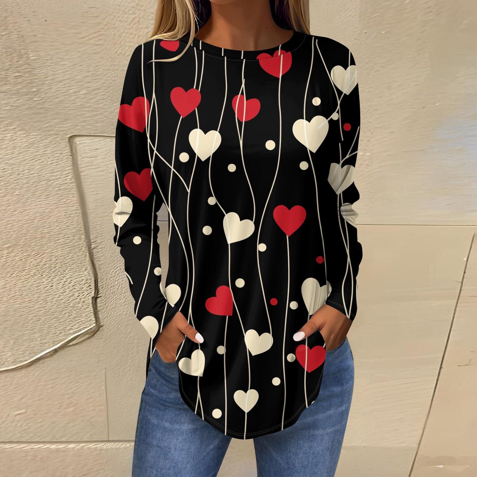 

Женская свободная футболка с круглым вырезом и принтом в виде сердца ко Дню святого Валентина, длинный рукав, топ, пуловер L