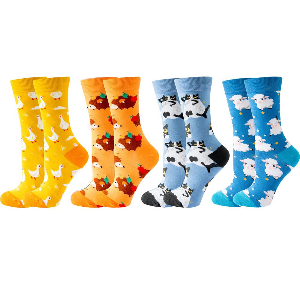 4 Pairs New Fashion Colorful Funny Happy Casual Women Socks Dress Harajuku Cute Cartoon Cat Dog Lemon Donut Girl Cotton Socks